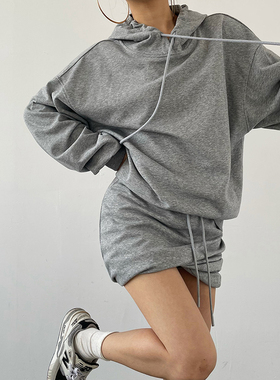 AcupStudio江右上 灰色休闲扭结连帽卫衣半裙套装简约时髦两件套