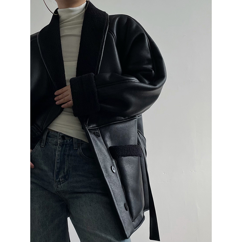 AcupStudio江右上皮筋扣羊羔毛外套女冬季高级感廓形加厚保暖皮衣