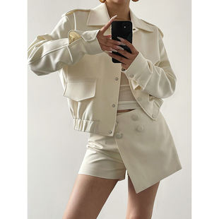 Acupstudio江右上 别致空气层挺括收腰白色短款夹克外套上衣女