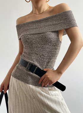 AcupStudio江右上 美式复古一字肩腰带辣妹修身上衣显气质短袖T恤