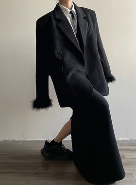 AcupStudio江右上 复古纹路两粒扣西装女冬季高级感廓形毛呢外套