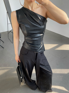 AcupStudio江右上 欧美风辣妹拉链皮背心女夏季修身显瘦黑色上衣