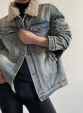 AcupStudio江右上 美式复古拼接毛领夹棉牛仔外套女加厚短款上衣