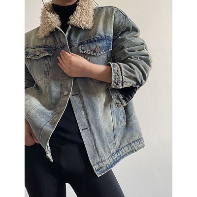 AcupStudio江右上 美式复古拼接毛领夹棉牛仔外套女加厚短款上衣