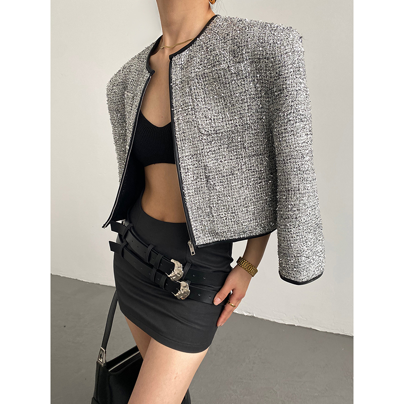 多口袋小香风拉链短外套女