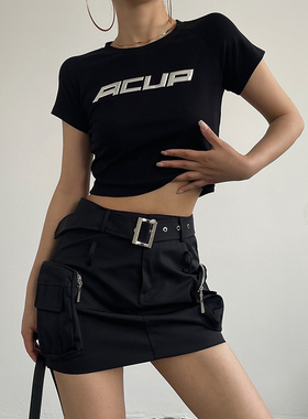 AcupStudio江右上 液态银字母正肩T恤女美式短款设计感辣妹短袖