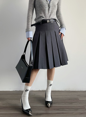 Acupstudio江右上 学院风灰色中长款百褶裙女高腰质感半身裙