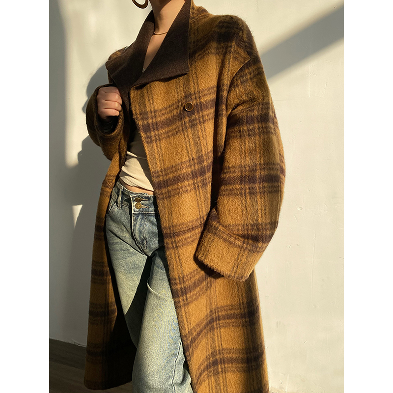 黄色格纹双面羊毛大衣外套
