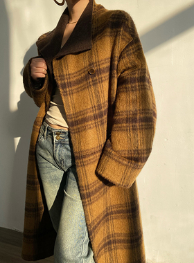 Acupstudio江右上 黄色格纹双面呢羊毛围巾大衣女新款冬复古外套