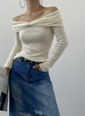 AcupStudio江右上 扭结一字肩针织衫女秋季修身显瘦百搭打底上衣