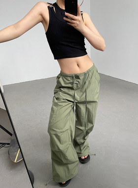 AcupStudio江右上降落伞美式复古抽绳工装裤女夏季设计感阔腿裤子
