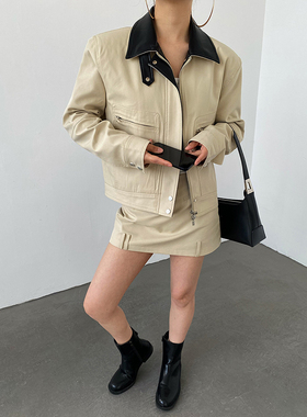 AcupStudio江右上复古拼皮领巴恩风工装外套女春季包臀半裙两件套