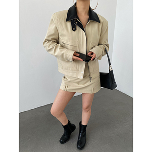 AcupStudio江右上复古拼皮领巴恩风工装 包臀半裙两件套 外套女春季