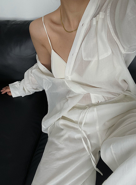 AcupStudio江右上 时尚老钱风薄款苎麻衬衫外套+休闲直筒长裤套装