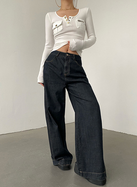 AcupStudio江右上 美式复古侧边折叠牛仔裤女春季设计感阔腿裤子