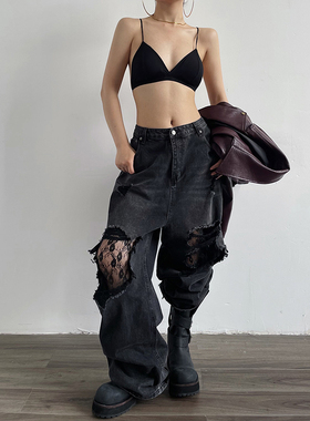 AcupStudio江右上美式复古做旧设计低裆蕾丝拼接拖地裤破洞牛仔裤