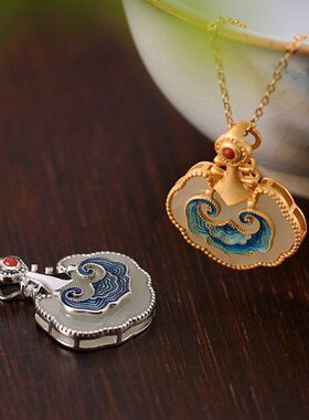 银S925纯银镀金景泰蓝和田玉吊坠复古国潮琵琶女士锁骨链挂坠