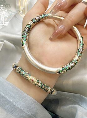 925镀银珐琅卷草纹描金手镯女