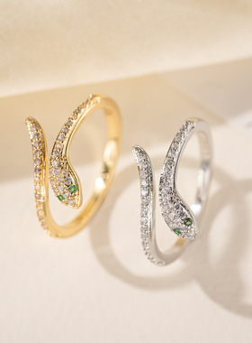 跨境新款铜镶锆石多层灵蛇戒指女小众高级感个性轻奢可调节食指环