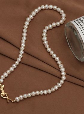 现货天然淡水珍珠项链ins设计感锁骨链新款小众轻奢蝴蝶结扣