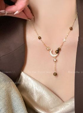 通勤搭子~美拉德虎眼石星月项链女秋冬复古挂脖长毛衣链百搭配饰