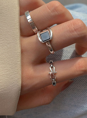 s925纯银黑玛瑙几何方形戒指轻奢女小众设计时尚精致个性简约