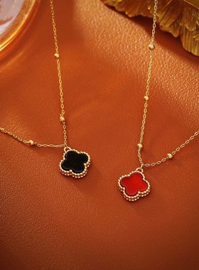 经典四叶草玛瑙吊坠项链复古高级感时尚洋气颈链小众名媛风锁骨链