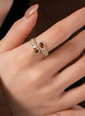 美拉德虎眼石蛇形开口戒指秋冬复古简约食指戒小众通勤百搭手饰女