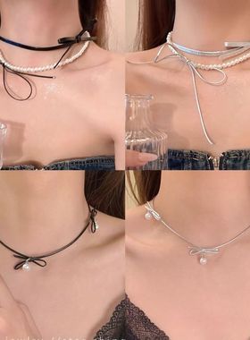 蝴蝶结珍珠项链不掉色女秋季毛衣链百搭高级感串珠锁骨链饰品批发