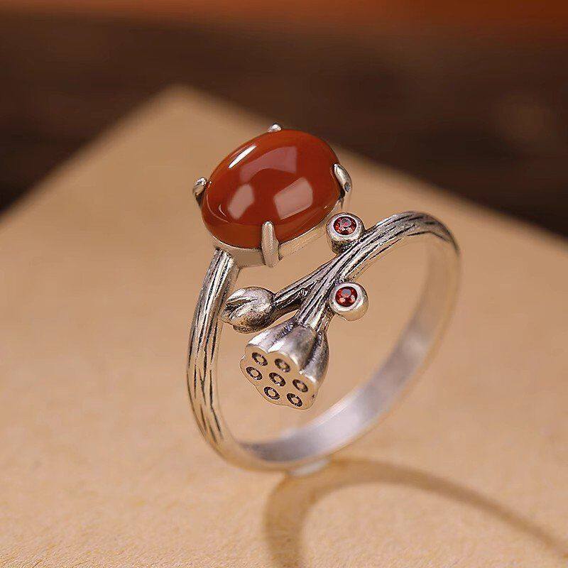 南红莲蓬S925镀银戒指女 复古中国风莲子食指戒 优雅气质指环