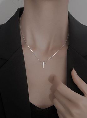 欧美光面十字架S925纯银项链新款潮锁骨设计感女饰品