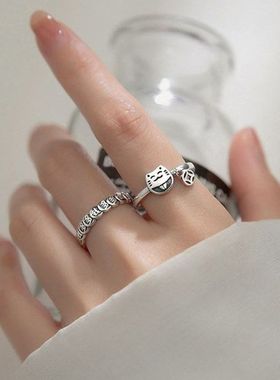 925纯银招财猫戒指女小众设计感个性复古钱多多指环开口食指尾戒