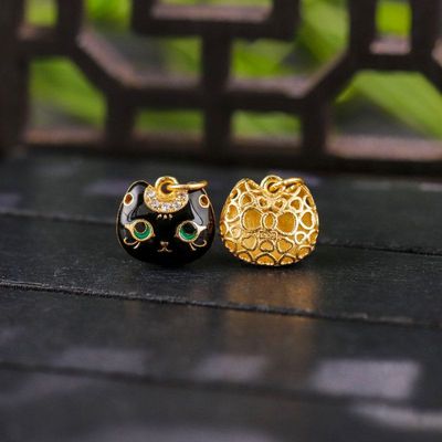 S925纯银镀金古法烧蓝猫神贝斯特滴溜小配饰挂件手工DIY饰品配件