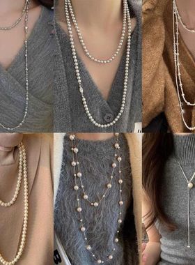 高级感镶钻花朵几何珍珠款项链气质轻奢风毛衣链法式复古项饰秋冬