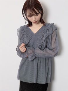 annuus 设计师新品仙仙的波点网纱V领长袖上衣