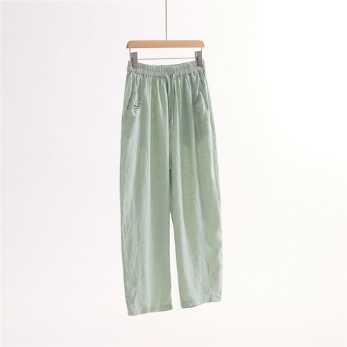 annuus/全麻松紧腰萝卜裤休闲哈伦九分长裤  linen pkt pants