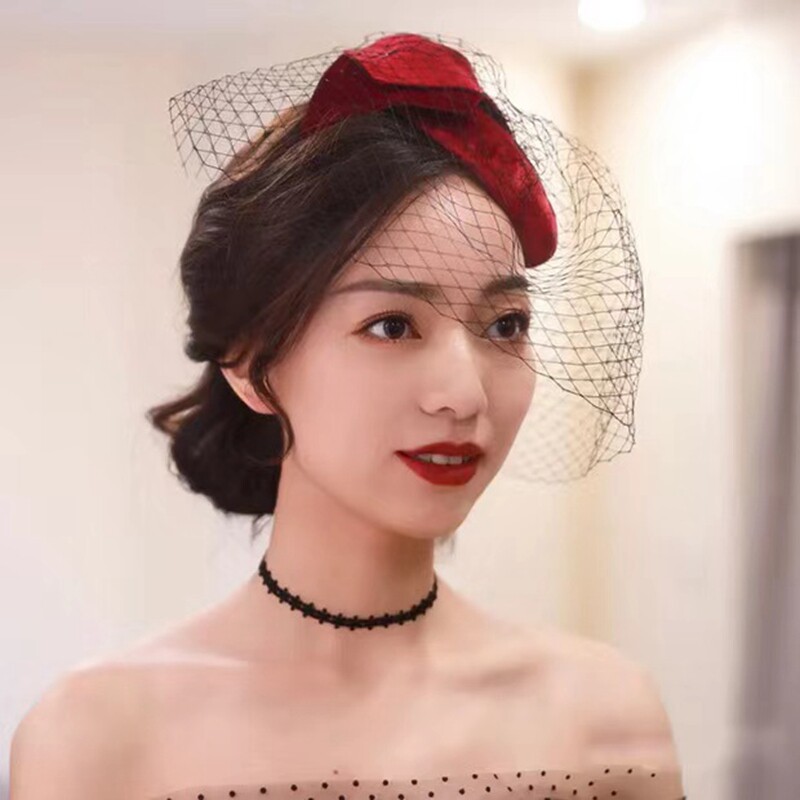 结婚礼帽小礼帽女酒红色法式四季