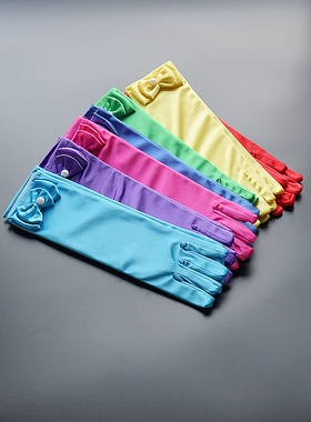 儿童手套女红色厚赫本长款优雅晚宴礼服旗袍配饰走秀缎面防晒韩式