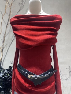 法式一字肩堆堆领高品质针织衫女露肩修身上衣打底衫秋冬高级毛衣