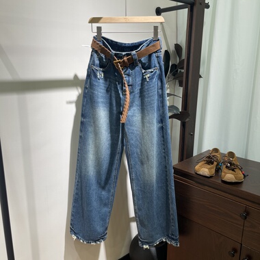 DIMO5269 复古时尚2025秋季新款毛边磨破设计感阔腿牛仔长裤女