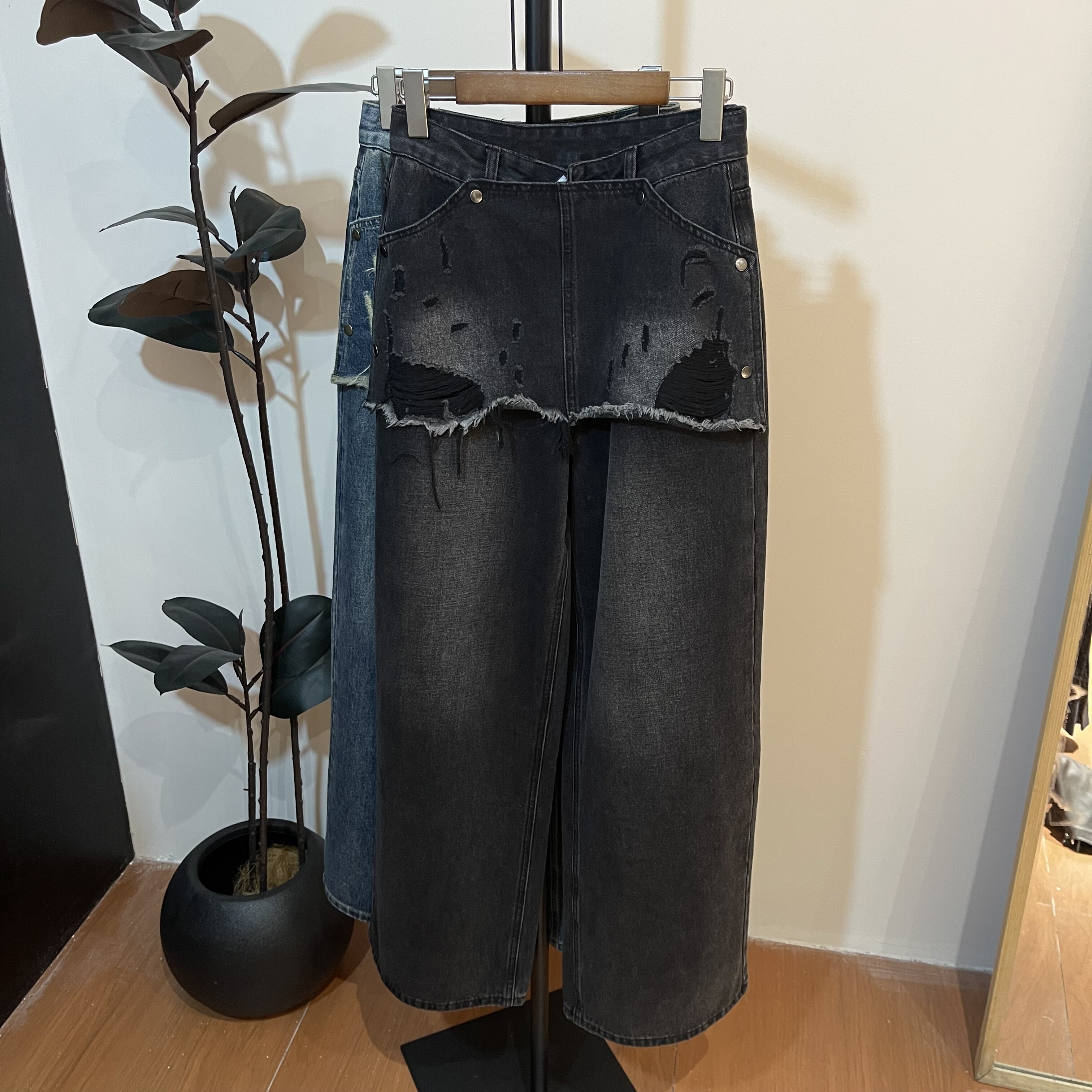 ANAN 秋季新款爆款复古假两件牛仔裤宽松屁帘设计感高腰阔腿裤女