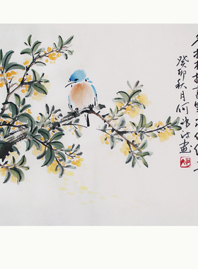诗词国画桂花鸟手绘原稿文人画