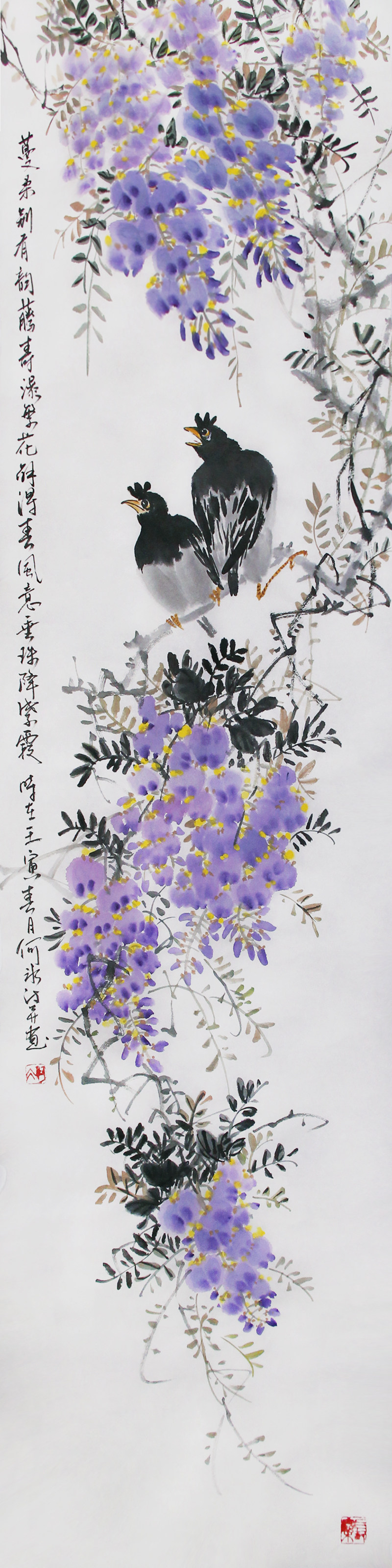 原创诗词文人画纯手绘国画紫藤花鸟画四尺条幅中式水墨画无框挂画