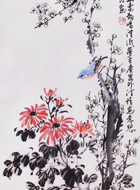 文人画家书画原创诗词国画梅花菊花鸟画手绘原稿挂画书房竖版字画