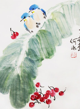 原创手绘国画芭蕉樱桃花鸟画餐厅挂画书画原稿真迹宣纸装饰画特惠