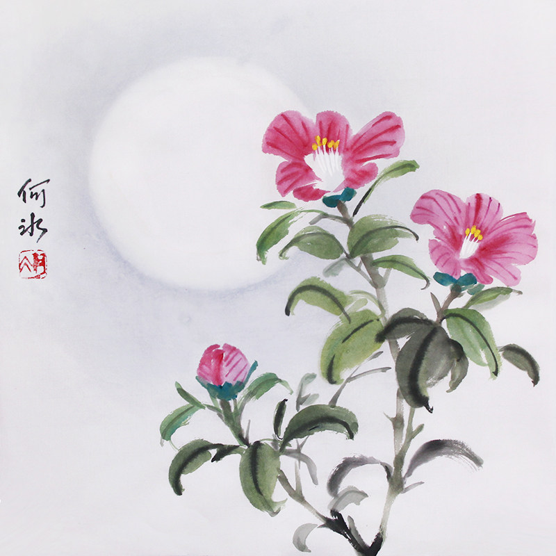 花好月圆原创手绘国画山茶花月亮写意水墨画挂画无框装饰画宣纸书