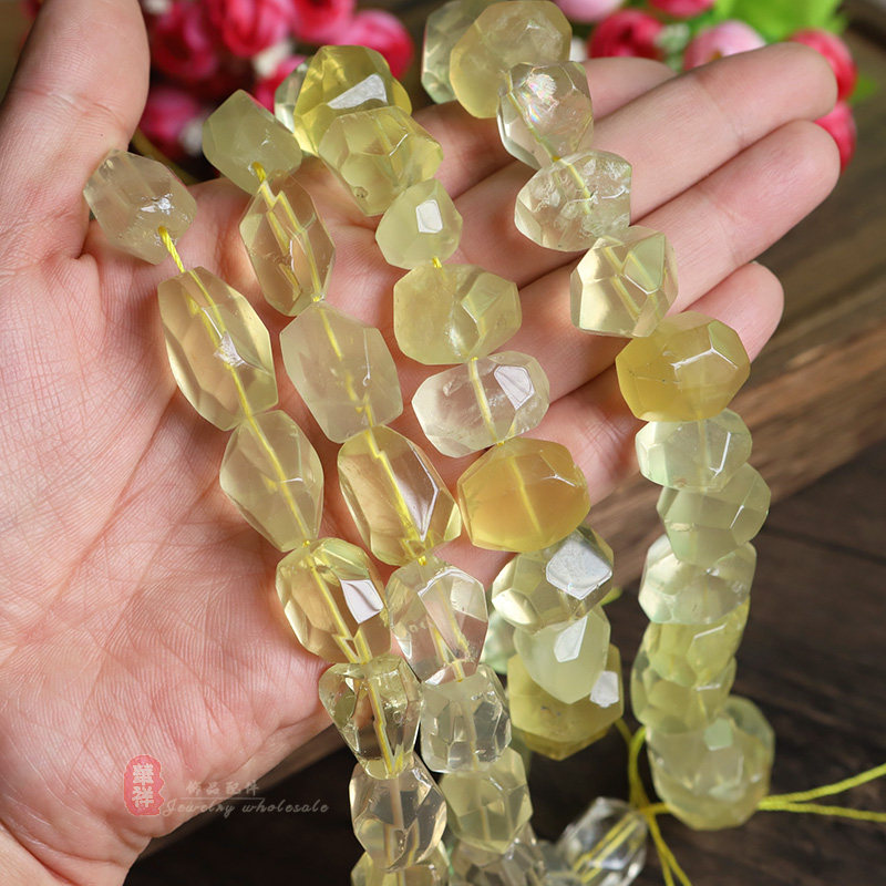 天然柠檬晶切面随形石 大颗粒不规则黄水晶桶珠diy手链项链配件
