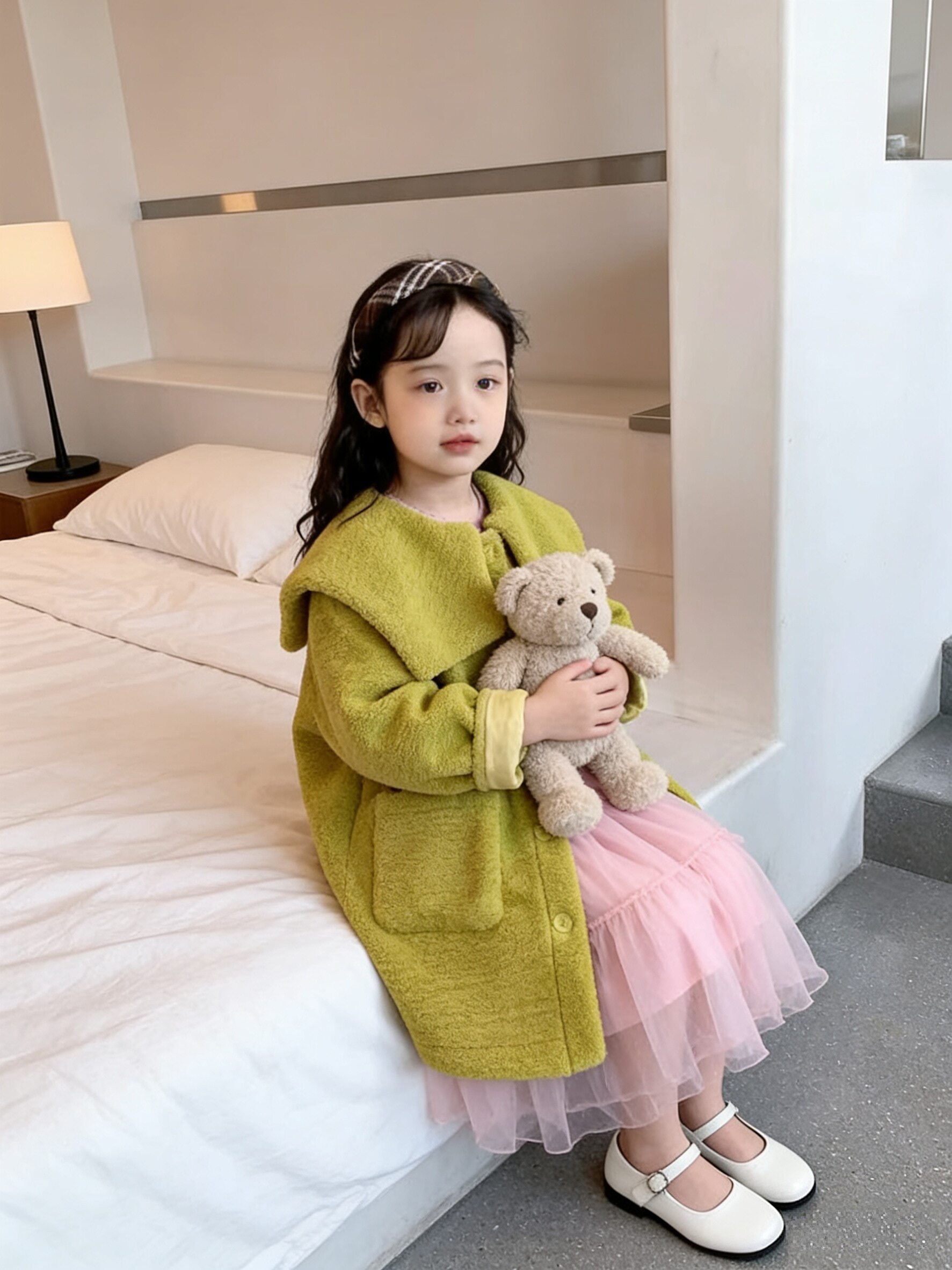 童装女童长袖外套25冬款甜美花瓣领宽松毛茸茸羊羔毛大衣