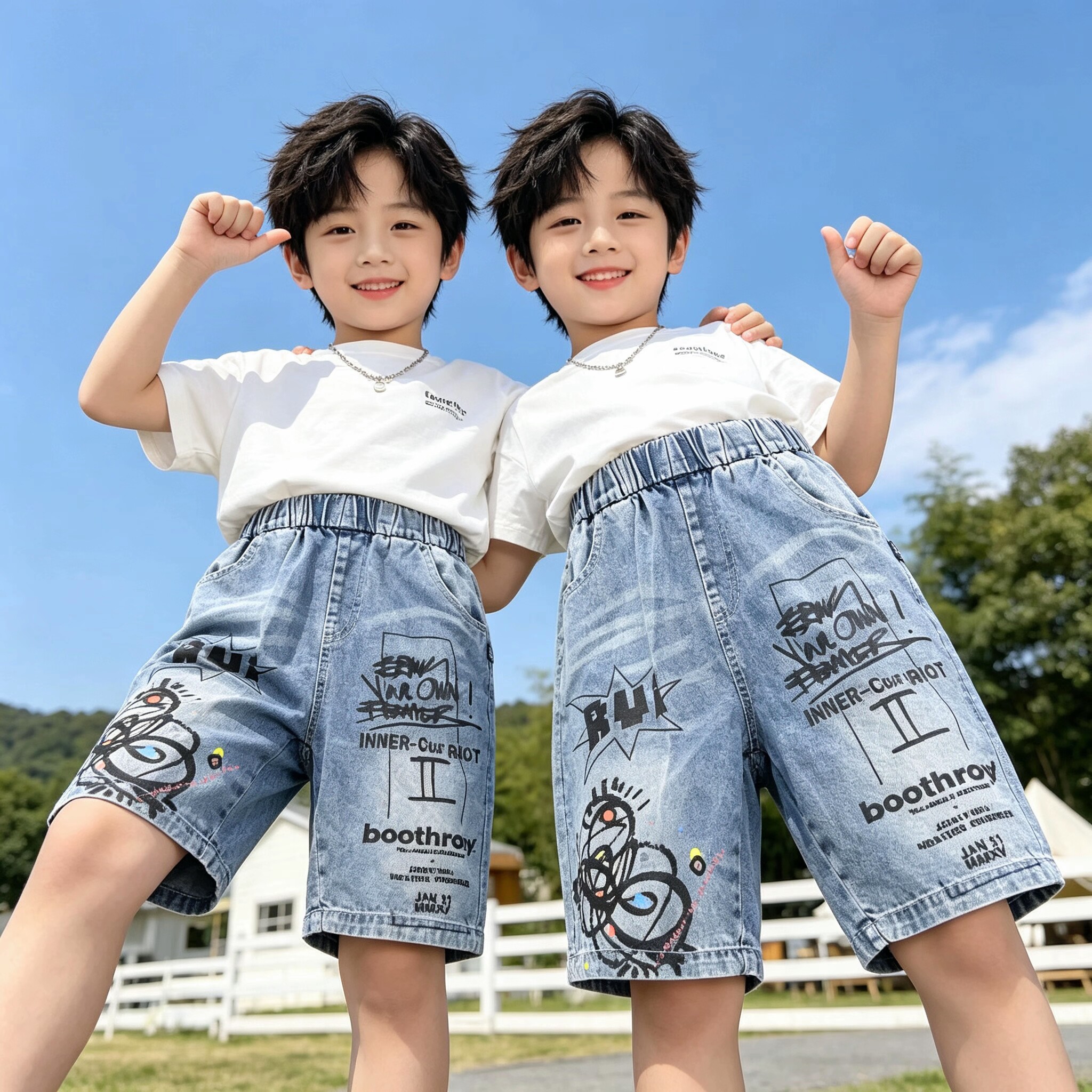 琦瑞德泽男童牛仔短裤新款中大童韩版印花时尚百搭休闲潮酷中分裤