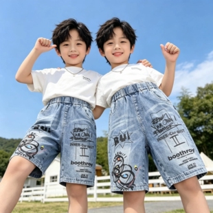 琦瑞德泽男童牛仔短裤新款中大童韩版印花时尚百搭休闲潮酷中分裤